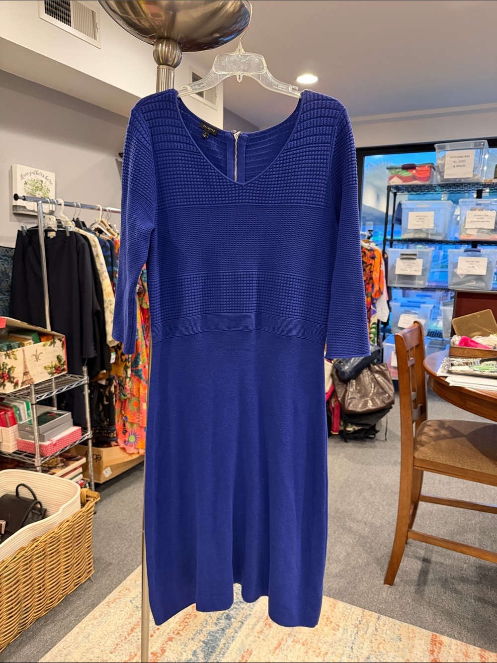 Talbots Royal Blue Knitted Textured V-Neck Midi Dress Size LG A-Line 3/4 Sleeves